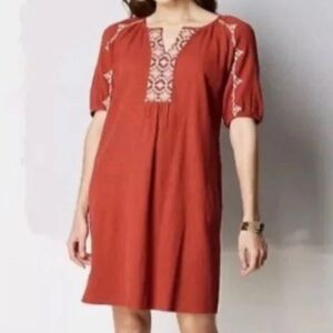 J. Jill Boho Textured A-line Embroidered Dress Large Coral Orange Short Sleeve